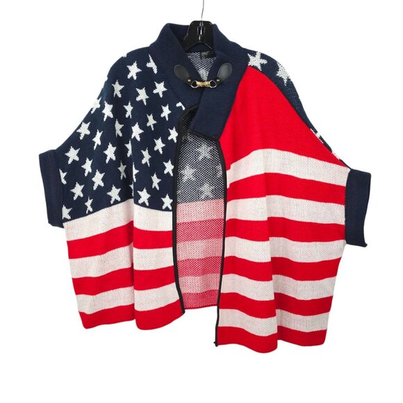 Janice Apparel Open Front Knit Cardigan Poncho ONE SIZE American Flag Pattern - Picture 16 of 16